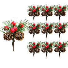 Load image into Gallery viewer, 10Pcs Mini Simulation Christmas Pine Picks Stems Artificial Pine Needle Berry Plant for Xmas Party Home Decor Hanging Pendant