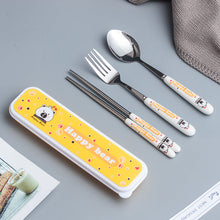 Load image into Gallery viewer, Creative Style Children's Ceramic Stainless Steel Tableware Set Cartoon Chopsticks Spoon Fork Portable Tableware Three-Piece Set