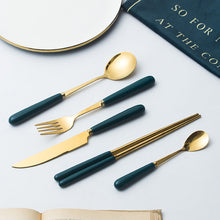 Load image into Gallery viewer, Ceramic Fruit Fork Coffee Spoon Stainless Steel Tableware Moon Cake Knife Fork Dark Green Steak Knife, Fork and Spoon