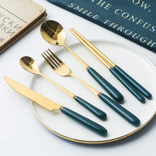Load image into Gallery viewer, Ceramic Fruit Fork Coffee Spoon Stainless Steel Tableware Moon Cake Knife Fork Dark Green Steak Knife, Fork and Spoon