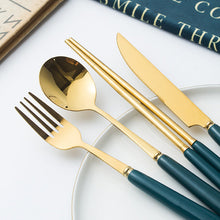 Load image into Gallery viewer, Ceramic Fruit Fork Coffee Spoon Stainless Steel Tableware Moon Cake Knife Fork Dark Green Steak Knife, Fork and Spoon