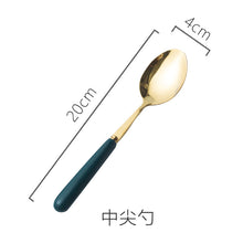 Load image into Gallery viewer, Ceramic Fruit Fork Coffee Spoon Stainless Steel Tableware Moon Cake Knife Fork Dark Green Steak Knife, Fork and Spoon