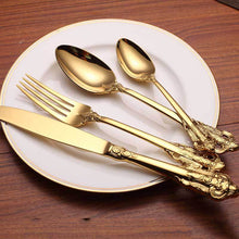 Load image into Gallery viewer, Western Tableware 304 Stainless Steel Knife and Forks Set Golden Relief Steak Knife and Fork
