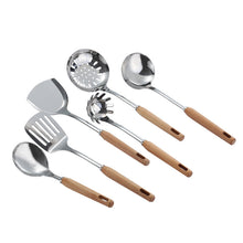Load image into Gallery viewer, Household Stainless Steel Wooden Spatula Soup Spoon and Strainer Kitchen Cooking Spoon and Shovel Beech Kitchenware Set