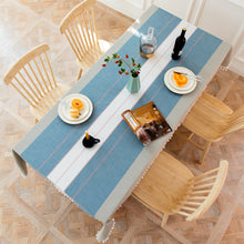 Load image into Gallery viewer, HG-021 Blue Striped Stitching Tassel Cotton Linen Tablecloth Table Cloth