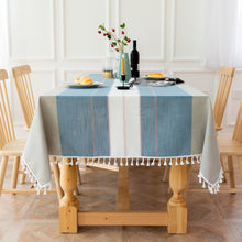 Load image into Gallery viewer, HG-021 Blue Striped Stitching Tassel Cotton Linen Tablecloth Table Cloth