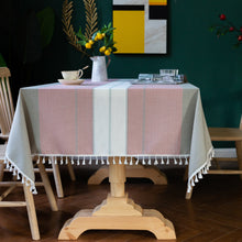 Load image into Gallery viewer, HG-021 Blue Striped Stitching Tassel Cotton Linen Tablecloth Table Cloth