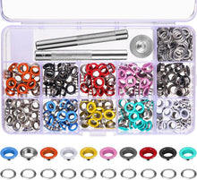 Load image into Gallery viewer, 12Colors 5mm Metal Grommets Kit Metal Eyelets Kits Shoe Eyelets Grommet Sets for Leather Fabric Belt Clothes Crafts, and More