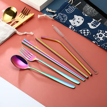 Load image into Gallery viewer, Stainless Steel Straw Package Portable Tableware Color Chopsticks Fork and Spoon Straw Combination Set