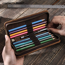 Load image into Gallery viewer, Vintage Leather Pencil Case Square Zipper Vgenuine Leather Pencil Box
