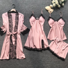 Load image into Gallery viewer, New Stain Black Lace Fashion Women Sleepwear With Chest Pad Nightdress Shorst Cardigan Set Pajamas