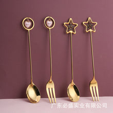 Load image into Gallery viewer, Stainless Steel Stirring Spoon Pentagram Spoon Fork Golden Cherry Blossom Dessert Spoon