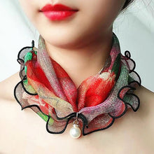 Load image into Gallery viewer, Pearl Pendant Scarf Necklace Vintage Leopard Pattern Dot Printing Scarf Trendy Crimping Elastic Women All-Match Scarves
