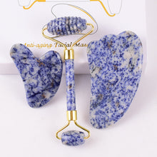 Load image into Gallery viewer, Jade Roller Scrapping Plate Massage Board Set Shaving Plate Crystal Blue Point Stone Thorn Roller Scrapping Plate