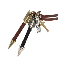 Load image into Gallery viewer, Hip Hop Anime Necklace Creative Double Arrow Roll Leather Alloy Pendant Neck Accessories Men's Leather Rope Long Sweater Chain