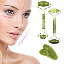 Load image into Gallery viewer, 2pcs Face Massager Roller Natural Jade Stone Guasha Board Scraper Set Facial Lift Skin Relaxation Slimming Beauty Neck Thin Tool