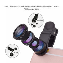 Load image into Gallery viewer, 3-in-1 Wide Angle Macro Fisheye Lens Camera Kits Mobile Phone Fish Eye Lenses with Clip 0.67x for iPhone Samsung All Cell Phones
