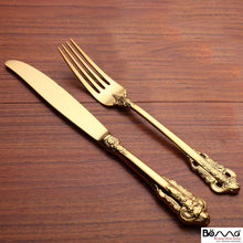 Load image into Gallery viewer, Western Tableware 304 Stainless Steel Knife and Forks Set Golden Relief Steak Knife and Fork