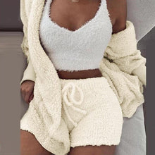 Load image into Gallery viewer, Women's Winter Plush Fluff Sleepwear Casual 3 Piece Sets Pajamas Set Long Sleeve Coat V-neck Vest Shorts Pants Suit