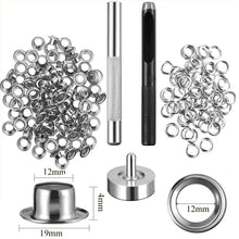 Load image into Gallery viewer, 4mm-20mm 100PCS Silver Eyelet and Eyelet Punch Die Tool Set Metal Button for DIY Leather Craft Clothing Shoes Belt Bag Grommet