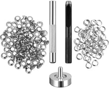 Load image into Gallery viewer, 4mm-20mm 100PCS Silver Eyelet and Eyelet Punch Die Tool Set Metal Button for DIY Leather Craft Clothing Shoes Belt Bag Grommet