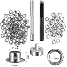 Load image into Gallery viewer, 4mm-20mm 100PCS Silver Eyelet and Eyelet Punch Die Tool Set Metal Button for DIY Leather Craft Clothing Shoes Belt Bag Grommet