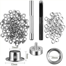 Load image into Gallery viewer, 4mm-20mm 100PCS Silver Eyelet and Eyelet Punch Die Tool Set Metal Button for DIY Leather Craft Clothing Shoes Belt Bag Grommet