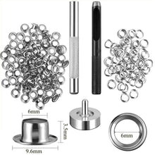 Load image into Gallery viewer, 4mm-20mm 100PCS Silver Eyelet and Eyelet Punch Die Tool Set Metal Button for DIY Leather Craft Clothing Shoes Belt Bag Grommet