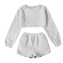 Load image into Gallery viewer, Women's Fuzzy Lounge Casual Pajamas Sets Long Sleeve Fleece Pullover and Shorts Pants Set 2 Piece Fluffy Loungewear Sleepwear