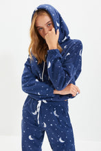 Load image into Gallery viewer, Navy Blue Hooded Fleece Knitted Pajamas Set THMAW22PT0365