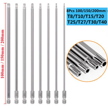 Load image into Gallery viewer, 8Pcs Torx Screwdriver Bit 1/4'' Shank Hex Wind Drill Head 150mm 200mm Screw Wrench Magnetic Star T8 T10 T15 T20 T25 T27 T30 T40