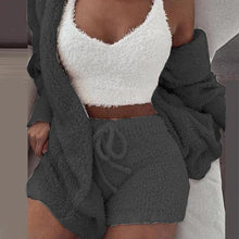 Load image into Gallery viewer, Women's Winter Plush Fluff Sleepwear Casual 3 Piece Sets Pajamas Set Long Sleeve Coat V-neck Vest Shorts Pants Suit