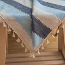 Load image into Gallery viewer, Striped Tassel Tablecloth Blue Fabric Rectangular Table Cloth