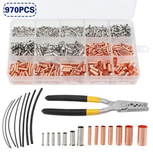Load image into Gallery viewer, 970pcs Copper Connecting Pipe Wire Joint Small Copper Tube Terminal Cable Lug Bootlace Ferrule Kit With Heat Shrink Tube Plier