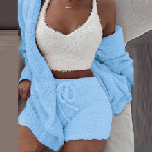 Load image into Gallery viewer, Women's Winter Plush Fluff Sleepwear Casual 3 Piece Sets Pajamas Set Long Sleeve Coat V-neck Vest Shorts Pants Suit