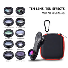 Load image into Gallery viewer, APEXEL Phone lens kit universal 10 in 1 Fisheye Wide Angle macro Lens CPL Filter Kaleidoscope+2X telescope Lens for smartphone