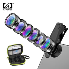 Load image into Gallery viewer, APEXEL Universal 6 in 1 Phone Camera Lens Kit Fish Eye Lens Wide Angle macro Lens CPL/StarND32 Filter for almost all smartphones