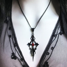 Load image into Gallery viewer, Black Pointed Cross Vampire Necklace, Gothic Jewelry, Statement Necklace, Dagger Cross Pendant, Gothic Gift, Goth Necklace