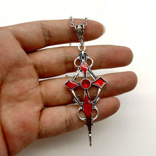 Load image into Gallery viewer, Black Pointed Cross Vampire Necklace, Gothic Jewelry, Statement Necklace, Dagger Cross Pendant, Gothic Gift, Goth Necklace