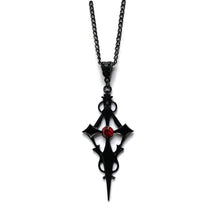 Load image into Gallery viewer, Black Pointed Cross Vampire Necklace, Gothic Jewelry, Statement Necklace, Dagger Cross Pendant, Gothic Gift, Goth Necklace