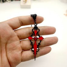 Load image into Gallery viewer, Black Pointed Cross Vampire Necklace, Gothic Jewelry, Statement Necklace, Dagger Cross Pendant, Gothic Gift, Goth Necklace