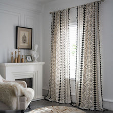 Load image into Gallery viewer, Boho Cotton Linen Curtain American Tassel Finished Black and White Printed Curtins for Living Room Bedroom Kitchen Home Textile