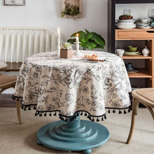 Load image into Gallery viewer, Cotton Linen Table Cloth Round Tablecloth with Tassel Dust-Proof Floral Circular Table Cover for Kitchen Dinning Tabletop Decor