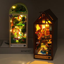 Load image into Gallery viewer, DIY Wooden Book Nook Shelf Insert Kit Miniature Fairy Tale Town Bookshelf Forest House Dollhouse Bookend Toys Girls Xmas Gifts