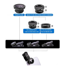 Load image into Gallery viewer, Fisheye Wide Angle Macro Acrylic Glass Lens Three in One Lens Mobile Phone External Lens