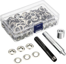 Load image into Gallery viewer, Grommet Tool Kit 100 Sets Grommets Eyelets 6mm 10mm 12mm 14mm Inside Diameter Silver for Clothes Shoes Bag Leather Crafts DIY