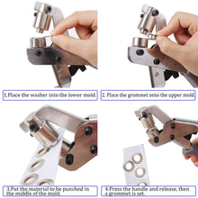 Load image into Gallery viewer, Grommet Tool Kit 100 Sets Grommets Eyelets 6mm 10mm 12mm 14mm Inside Diameter Silver for Clothes Shoes Bag Leather Crafts DIY