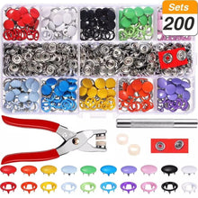 Load image into Gallery viewer, Grommets Snap Fasteners Kit 9.5mm 10 Colors Buttons Metal Press Studs Prong Ring Button for Children's Clothing, Bib, Crafting