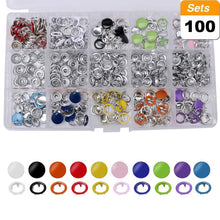 Load image into Gallery viewer, Grommets Snap Fasteners Kit 9.5mm 10 Colors Buttons Metal Press Studs Prong Ring Button for Children's Clothing, Bib, Crafting