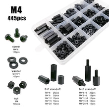 Load image into Gallery viewer, 445/650/850/1300pcs/set M2 M2.5 M3 M4 PCB Motherboard Black Plastic Nylon Hex Hexagon Spacer Column Standoff Screw Nut Kit Box